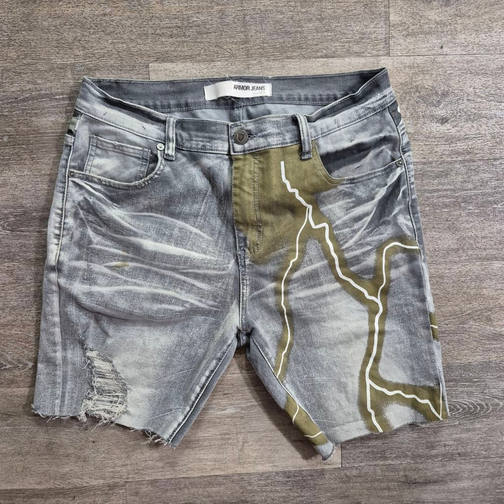 Men's ARMOR JEANS Gray Olive Green Distressed cutoff Jean Shorts Waist 34